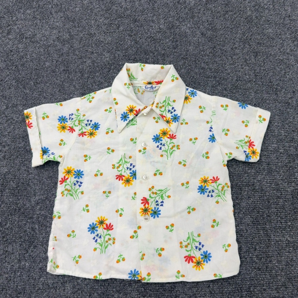 Vintage Good Lad Shirt Toddler 18-84 Months White Cotton Floral Button Up Retro